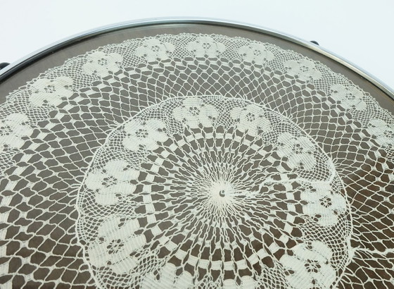 Image 1 of large rotating TRAY with fine crochet doily under glass wood and chrome 1930s