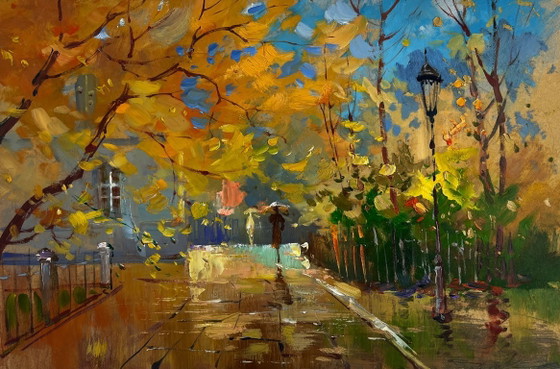 Image 1 of Original Oil Painting City Street Landscape Autumn leaves are flying