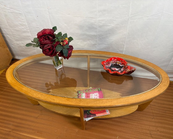Image 1 of Mid-Century Retro Vintage Oak-Style Coffee Table by Nathan Furniture  Edged Glass Top • British Design Classic • Timeless Statem