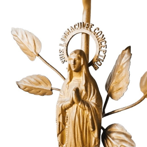 Image 1 of Lampe souvenir de Lourdes en laiton antique, boîte à musique Maria, style religieux, années 1910