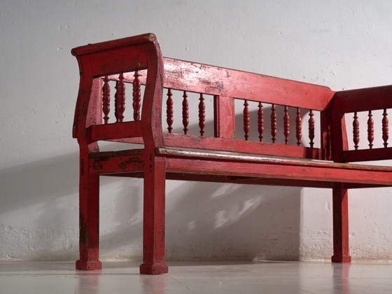 Antique red painted pine bench with turned back – Central Europe, circa 1900 – Benches, Rustic (photo 23 of 40)