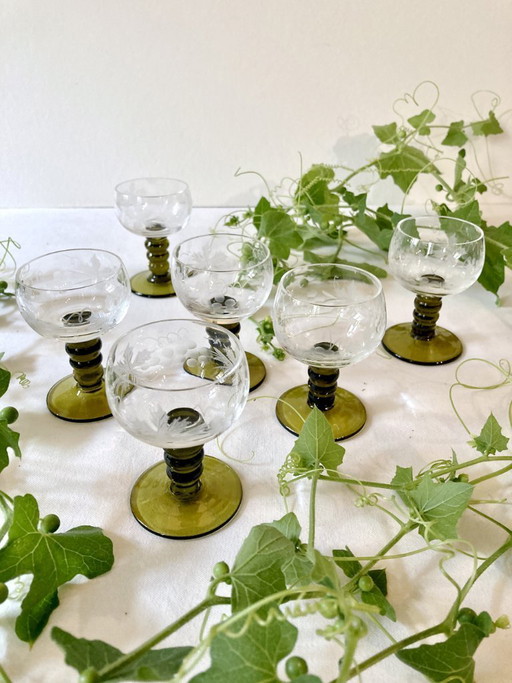 6 small Roemer liqueur glasses, moss green stepped stems