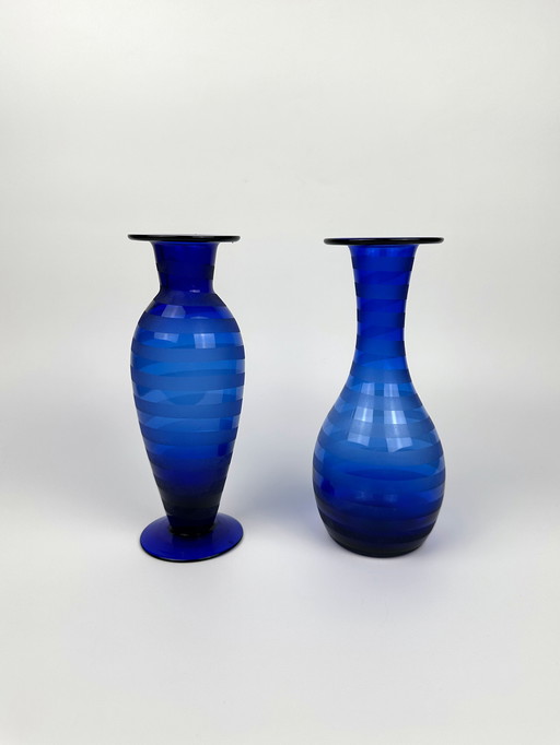 Set de vases bleu cobalt rayé Swirl Postmodern 90Er Vintage Frosted Satin Y2K