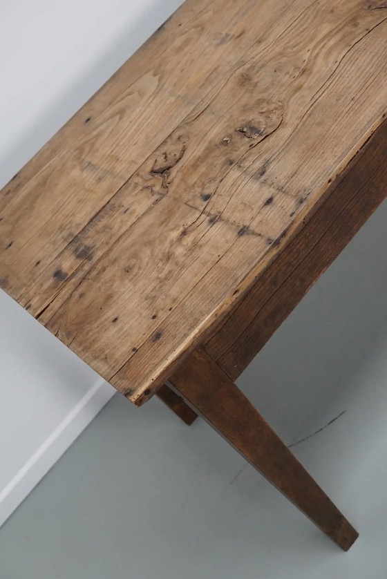 Image 1 of Antique French rustic farm table in light elm wood, 19th century