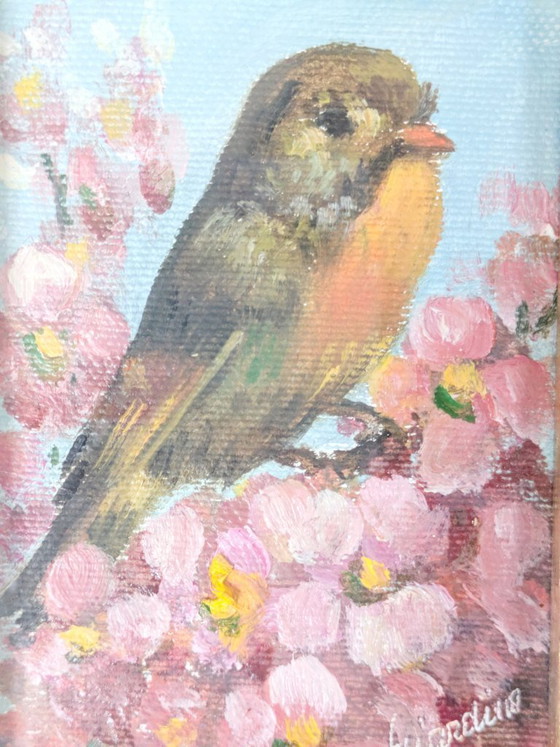 Image 1 of Vintage Robin Oil Painting, Blossoms, Green Velvet Mat, Signed