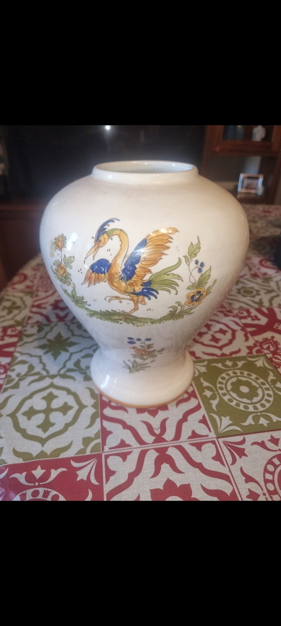 Vintage Franse faience vaas – Moustiers stijl, handgeschilderde vogeldecoratie – Vazen, Porcelain, Ceramic (photo 2 of 5)