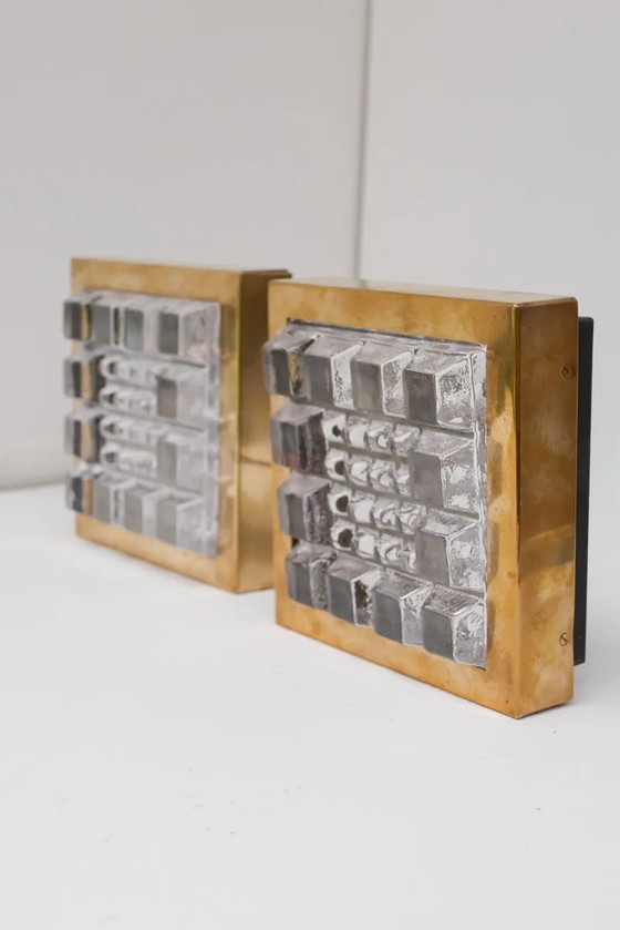 Image 1 of Schwedische brutalistische Wandlampen aus Glas und Messing von Falkenbergs Belysning, 2er-Set