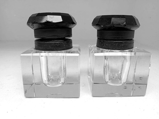 Image 1 of Encriers Art déco des années 1930, design raffiné en verre noir rare
