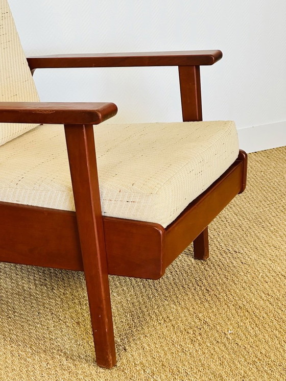 Image 1 of Vintage Scandinavische fauteuil van teakhout en beige textielstof, 1960