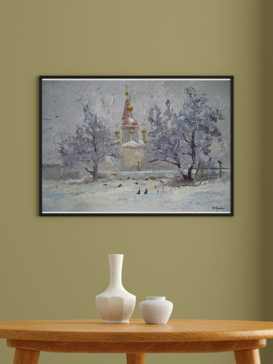 Dipinto a Olio Originale Paesaggio Invernale Tempio Ha Respirato Freddo – Dipinti e disegni, Canvas (photo 3 of 8)