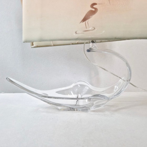 Image 1 of Vintage tafellamp uit de jaren 70 met kristallen kom, reiger en lampenkap.