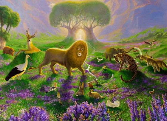 Original Oil Painting Nature Landscape Fantasy Animals Creation of the World – Paintings & Drawings, Canvas (photo 7 of 8)