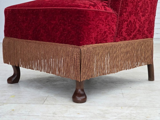 Anni '50, Poltrona vintage danese, velluto per mobili, legno di quercia., Poltrone, Rosso, Scandinavian (foto 5 di 15)