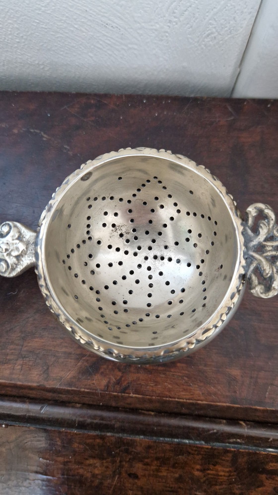 Image 1 of Antique tea strainer and drip tray. Silver-plated?