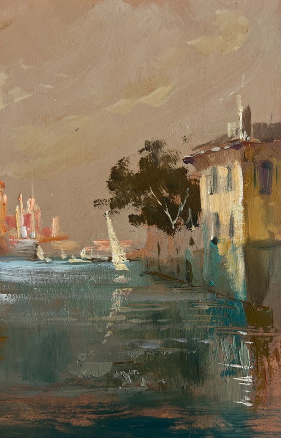 Image 1 of Original Oil Painting Evening City Landscape Romantic evening in Venice