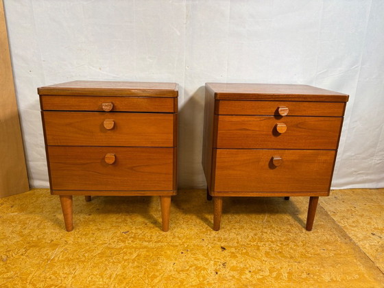Image 1 of Pair of Vintage Stag Teak Bedside Cabinets – Mid-Century Modern (1960s–1970s)  A stunning pair of Mid-Century Modern teak bedsid
