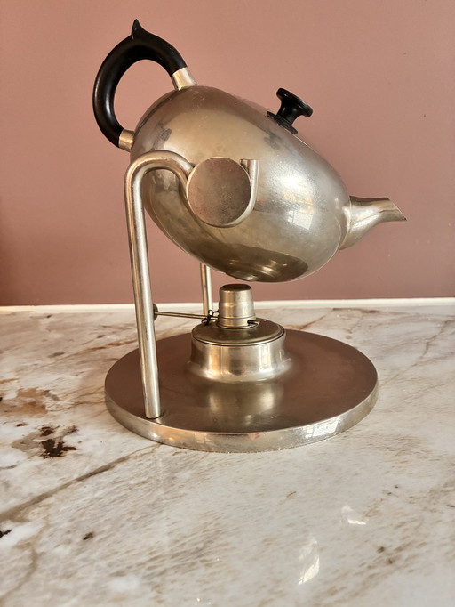 Tumble-Teekanne aus Edelstahl aus den 1950er Jahren mit Dochtbrenner.