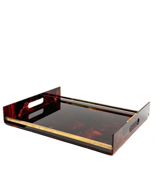 Image 1 of Hollywood Regency dienblad van messing en lucite met schildpadmotief, Italië, jaren 70.