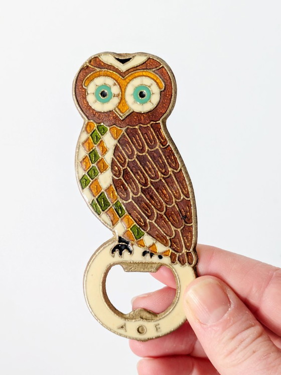 Image 1 of Apribottiglie greco vintage a forma di gufo in bronzo smaltato, anni '80