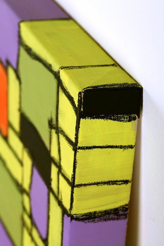 Image 1 of Modern abstract green, yellow, purple and orange mixed media painting