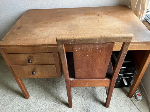 Oak desk and chair. PTT 1930s, Hague school
