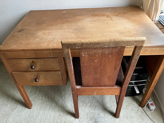 Image 1 of Oak desk and chair. PTT 1930s, Hague school