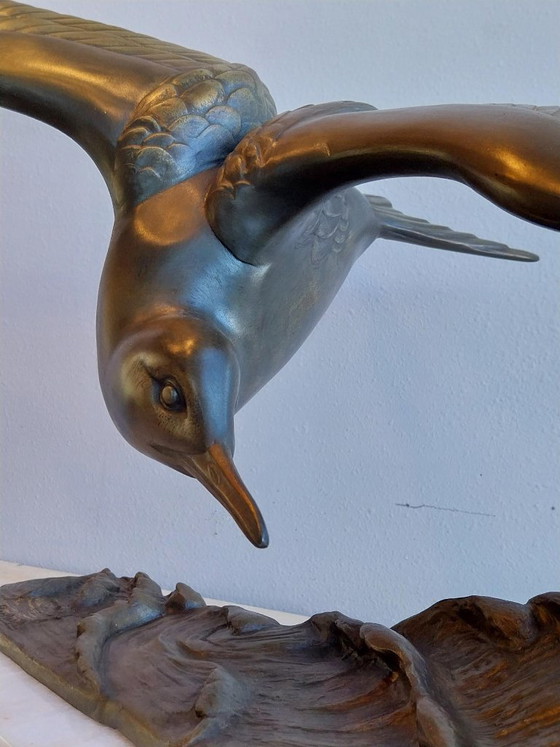 Large Art Deco Sculpture Rochard Seagull Zamak on Marble, polished steel, Brown (photo 6 of 13)