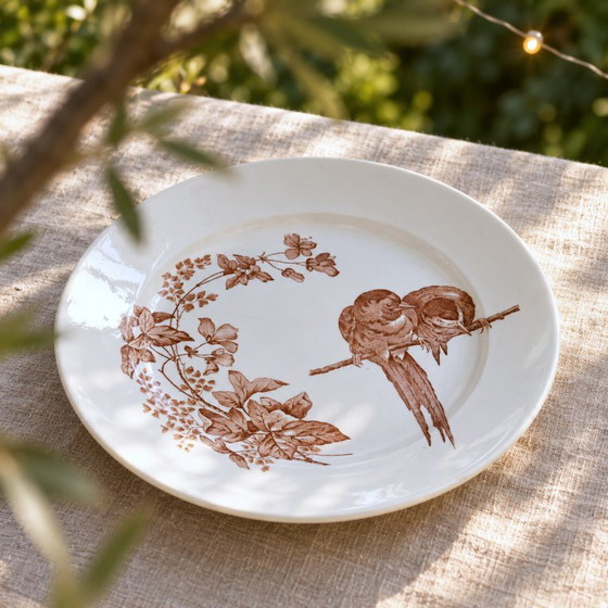 Grand plat rond de 1870 signé Longwy collection aux oiseaux, terre de fer – Vaisselle, Ceramic (photo 2 of 6)
