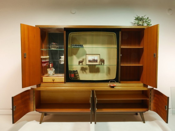 Image 1 of Vintage Wohnzimmerschrank 60er Jahre, Cocktailschrank Hausbar, Vitrine mit Glasschiebetüren, Mid Century Highboard, Deutschland