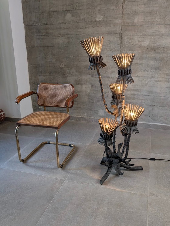 Lampada da terra brutalista in ferro battuto nero a cinque luci a cardo, anni '70 – Lampade da terra, Iron (photo 6 of 14)