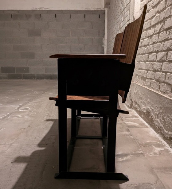 Image 1 of Banquette Vintage Chaise Double / Pair Of Wooden Joined & Fixed Theatre / Cinema Seats On Black Metal Frame