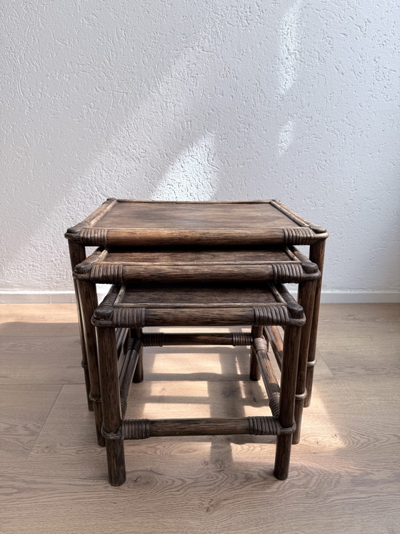 Image 1 of Ensemble de tables gigognes vintage en rotin Manou / Mime (années 1970)