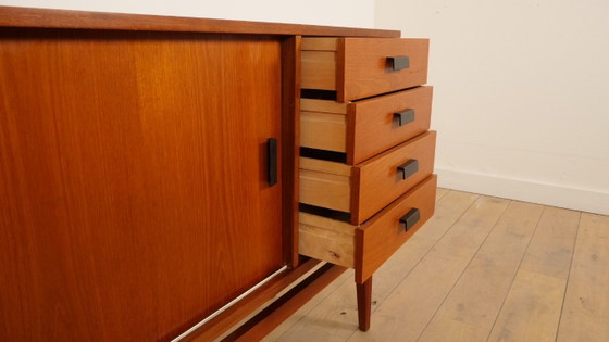 Wooden Sideboard with Sliding Doors and Drawers, Brown, Mid Century Modern (photo 4 of 9)