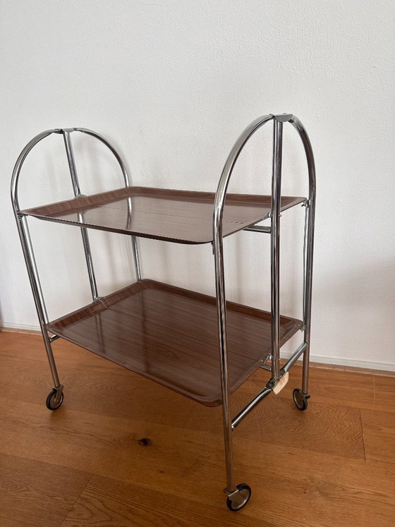 Bremshey "Dinett" Carrello bar pieghevole in cromo e venatura del legno (anni '70) – Carrelli bar, Wood (photo 2 of 8)
