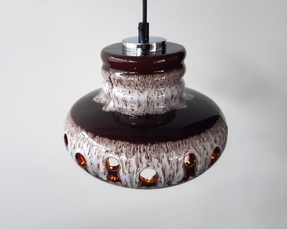 Image 1 of Keramieken aardewerken vintage hanglamp van Herda, west germany fat lava stijl, keramische retro hanglamp, bruin witte hanglamp