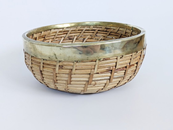Image 1 of Vintage Rattan Brass Bowl Gabriella Crespi Style 1970s Handwoven Fruit Basket