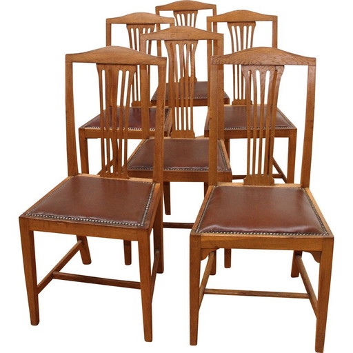 Set of 6 vintage dining chairs in varnished wood and brown leather seat