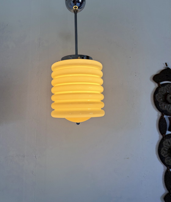 Image 1 of Vintage Art Deco opaalglazen hanglamp, Italië ‘50