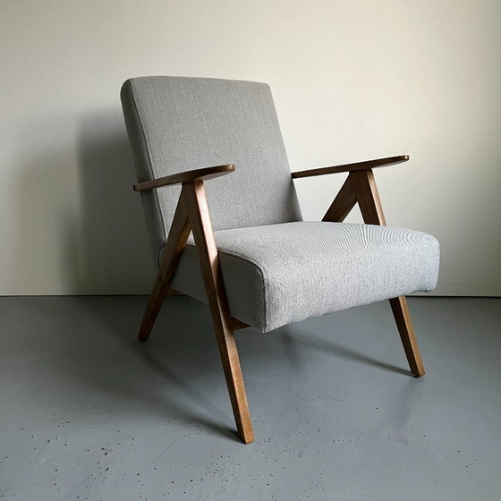 Image 1 of Vintage Mid Century Modern Armchair: Grey Fabric & Beech Wood Frame