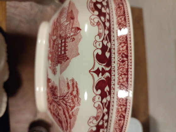 Image 1 of Antieke soepterrine, Old England, Cambridge Royal Swan / Engeland – Rood en wit – Vintage servies