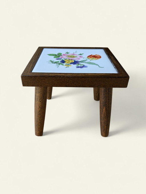 Rare vintage mini flower table with tile motif - poppy blossom - 60s