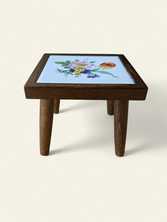 Image 1 of Rare vintage mini flower table with tile motif - poppy blossom - 60s