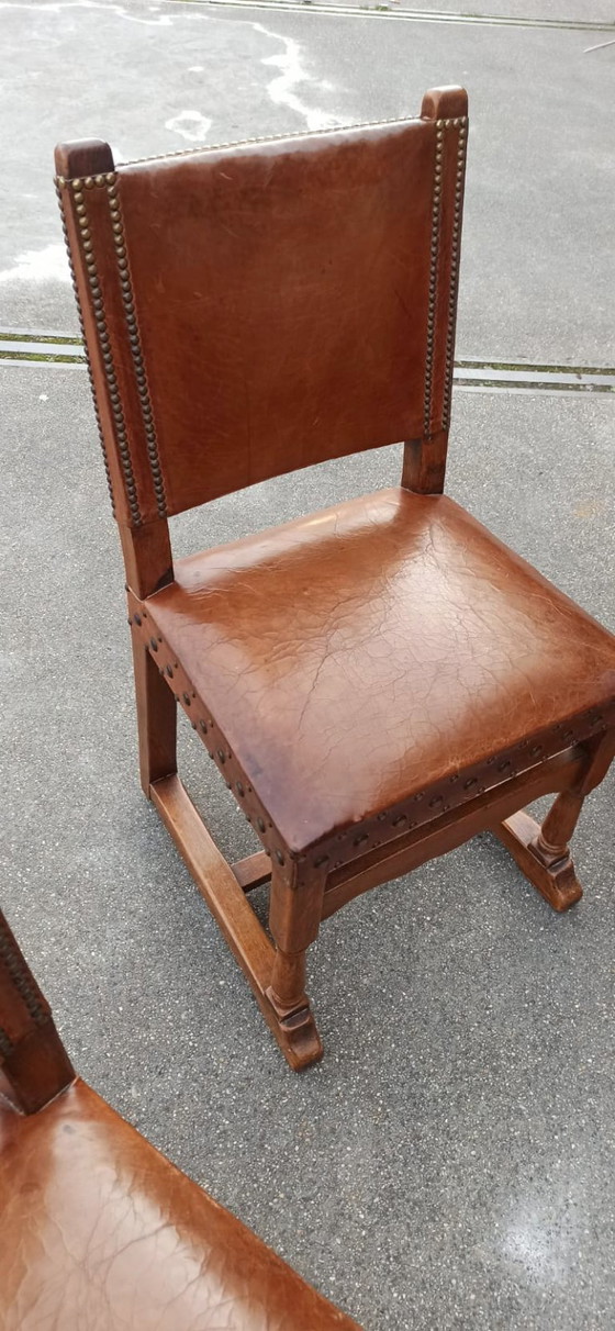 Image 1 of 6 x vintage  Spanish solid wood and leather dining chairs