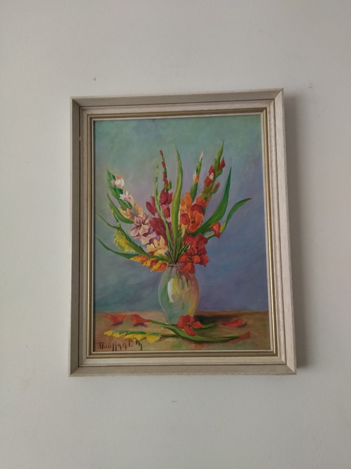Oil painting on panel – Still life with gladioli