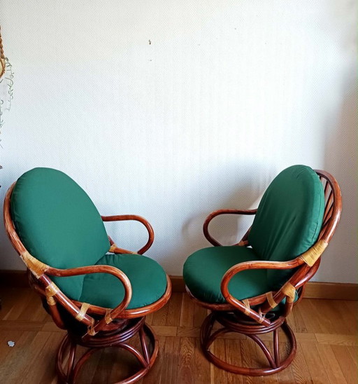 2x swivel rattan armchairs 1970