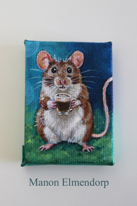 Image 1 of Hand-painted Little Mouse with Cup of Coffee 6x4 cm