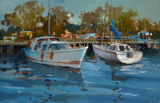 Image 1 of Original Oil Painting River Boats Landscape Summer Yacht Club