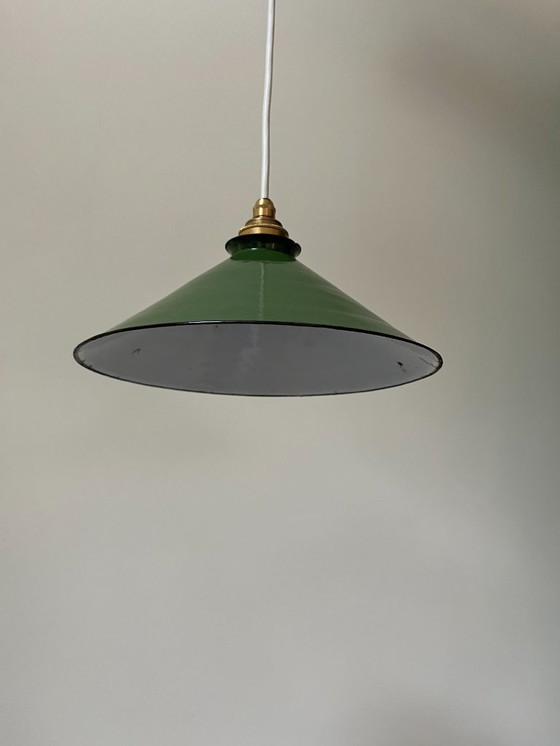 Image 1 of Set van twee groene, industriele vintage fabriekslampen met nieuwe bedrading 