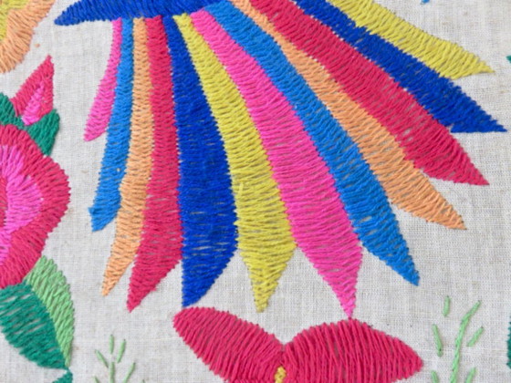 Image 1 of Large Mexican tapestry "otomi tenango", colorful flowers and birds, 1970