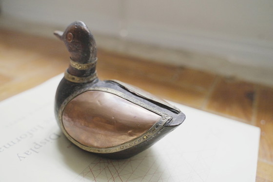 Image 1 of Hand-Carved Wood Duck Figurine with Brass Copper Inlay, Nepalese Tibetan Folk Art